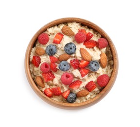 Photo of Tasty oatmeal porridge with berries and almond nuts in bowl on white background, top view