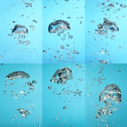 Image of Collage with air bubbles in water on light blue background