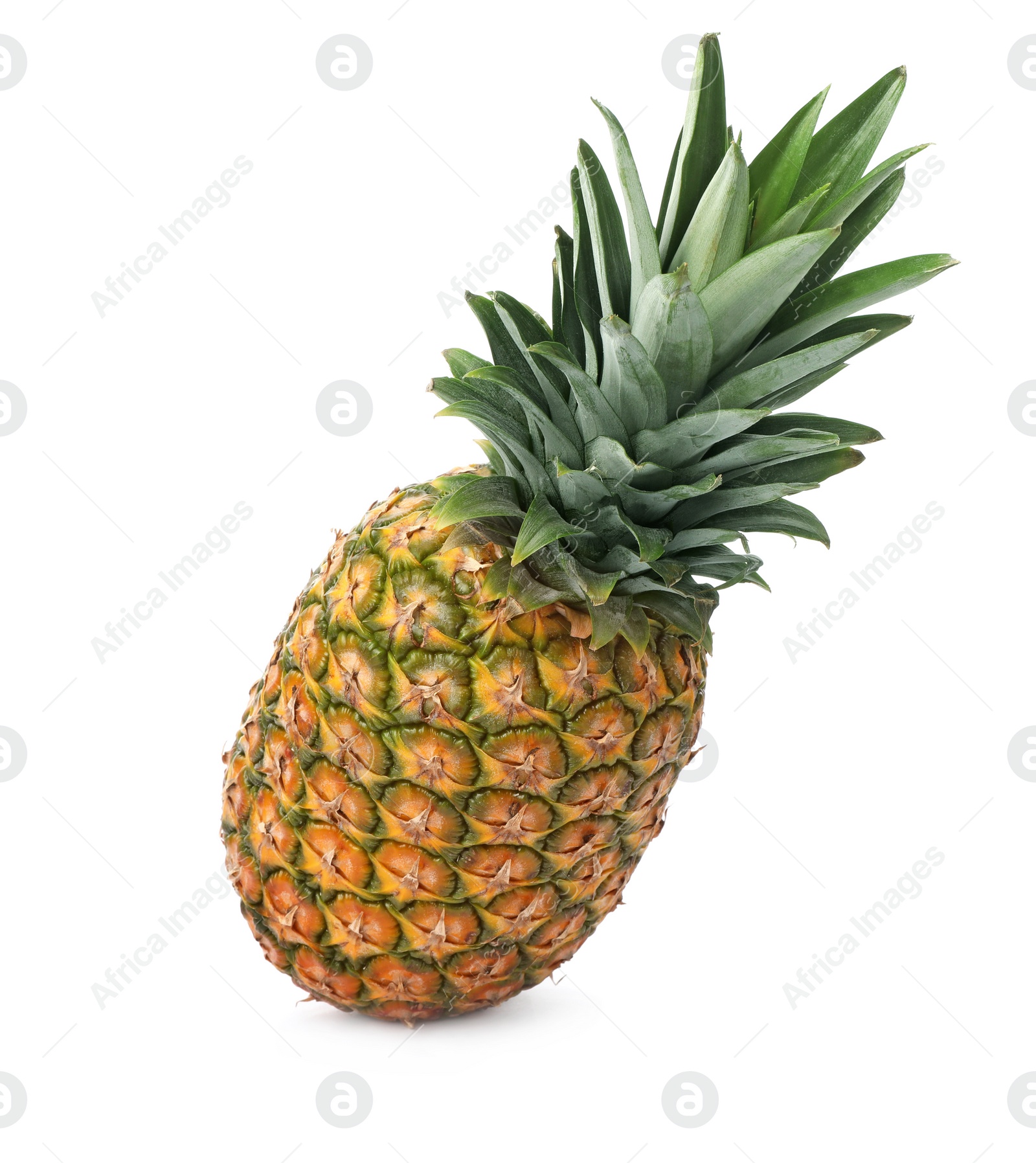 Photo of Tasty whole pineapple with leaves on white background