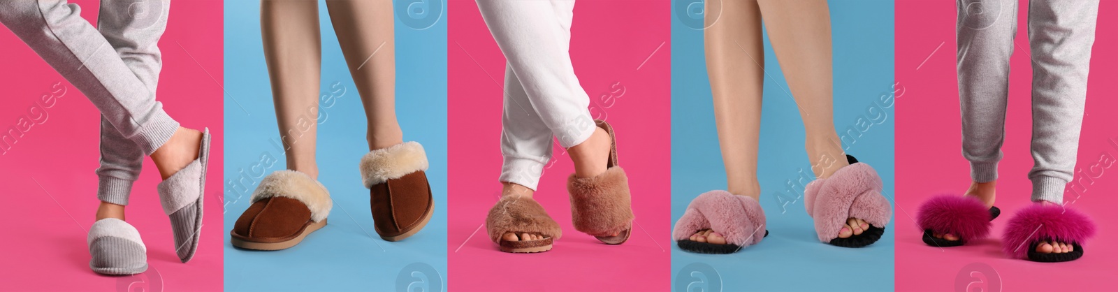 Collage with photos of women wearing stylish slippers on different color backgrounds, closeup. Banner design Image of Collage with photos of women wearing stylish slippers on different color backgrounds, closeup. Banner design