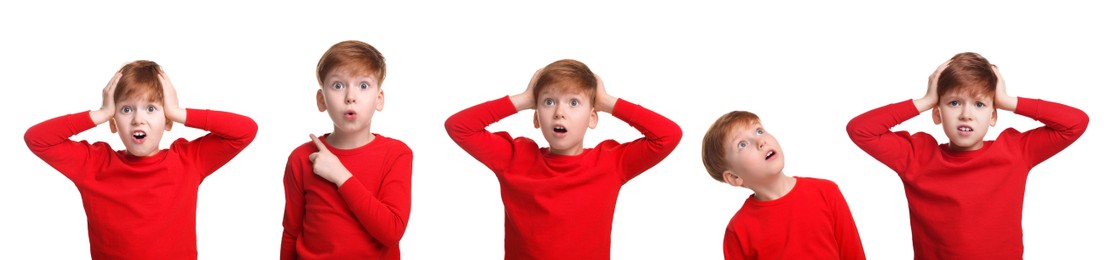 Image of Surprised boy on white background, collage of photos