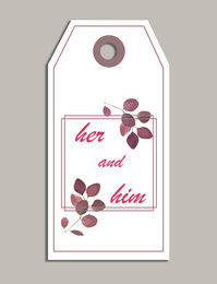 Wedding Her and Him tag with floral design on grey background, top view