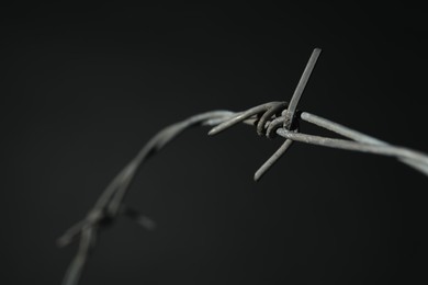 Metal barbed wire on dark grey background, closeup