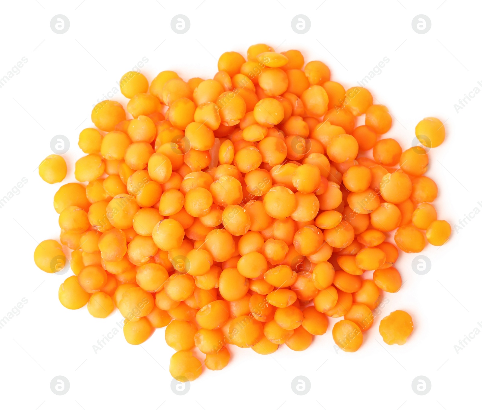 Photo of Pile of raw lentils on white background, top view. Vegetable planting