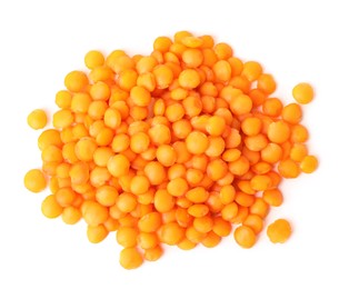 Photo of Pile of raw lentils on white background, top view. Vegetable planting