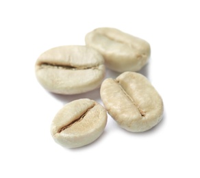 Photo of Green coffee beans on white background, closeup