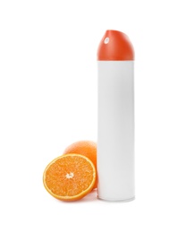 Photo of Spray air freshener and orange on white background