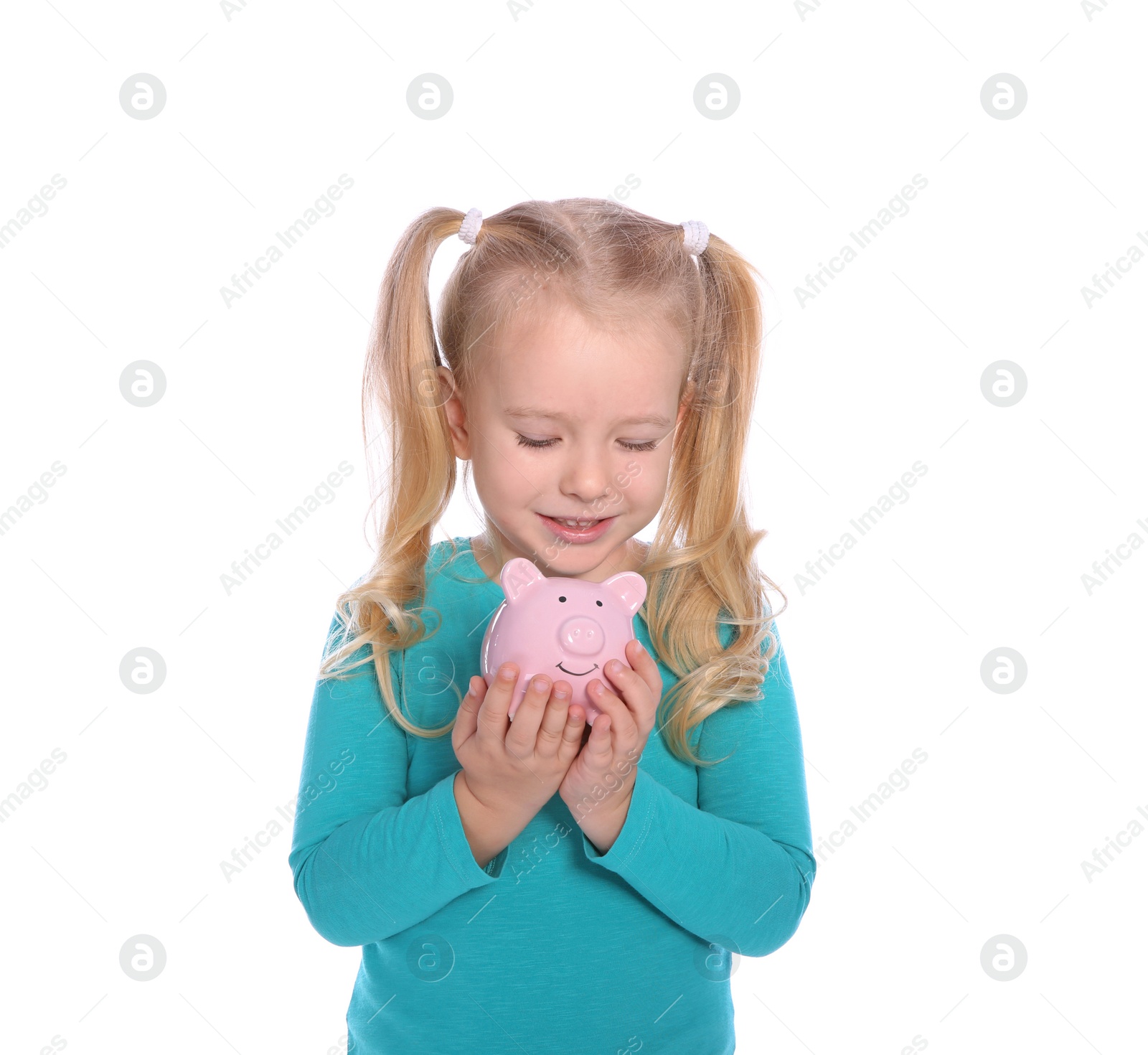 Photo of Little girl with piggy bank on white background