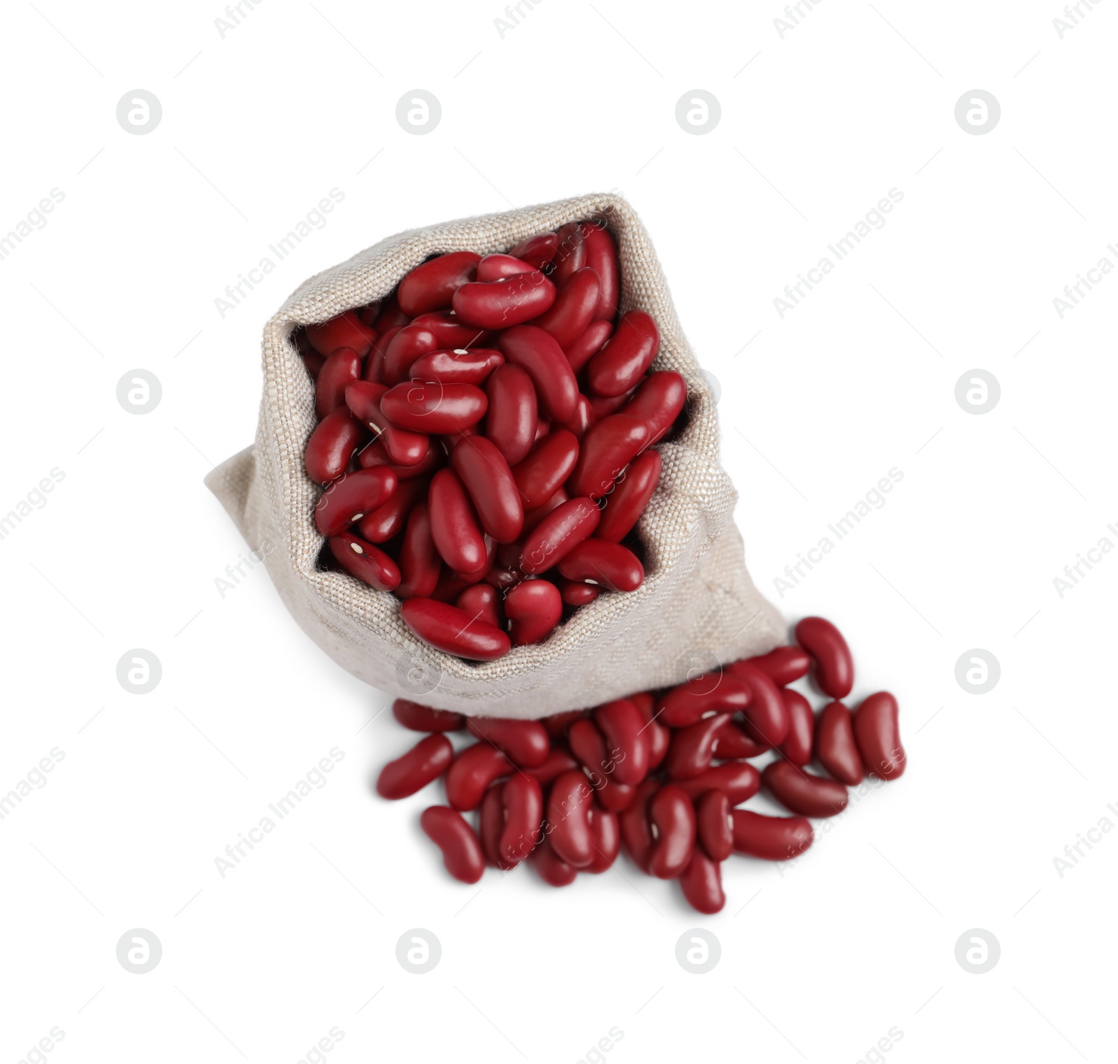 Photo of Raw red kidney beans with sackcloth bag isolated on white, top view