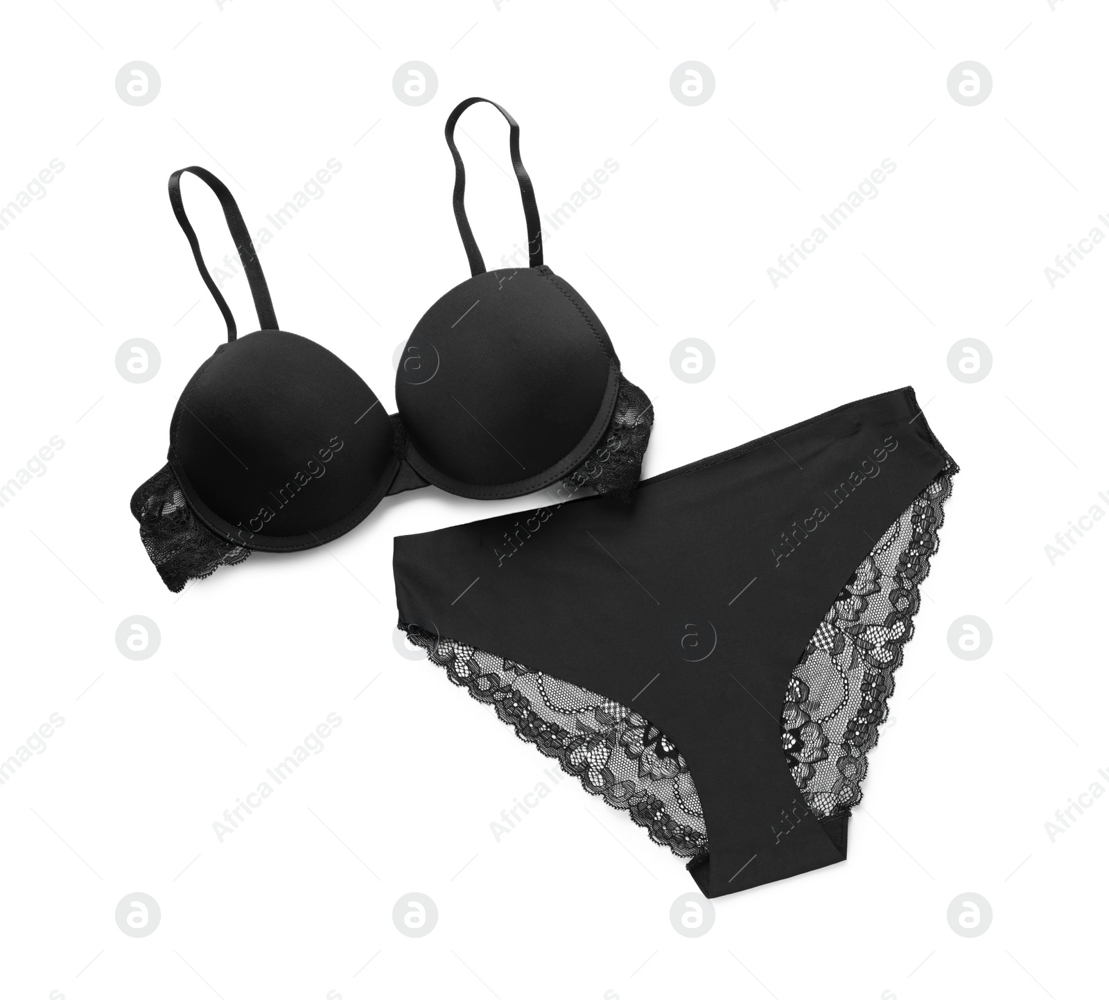 Photo of Elegant black women's underwear on white background, top view