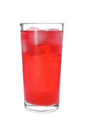 Photo of Glass of red soda water with ice cubes isolated on white