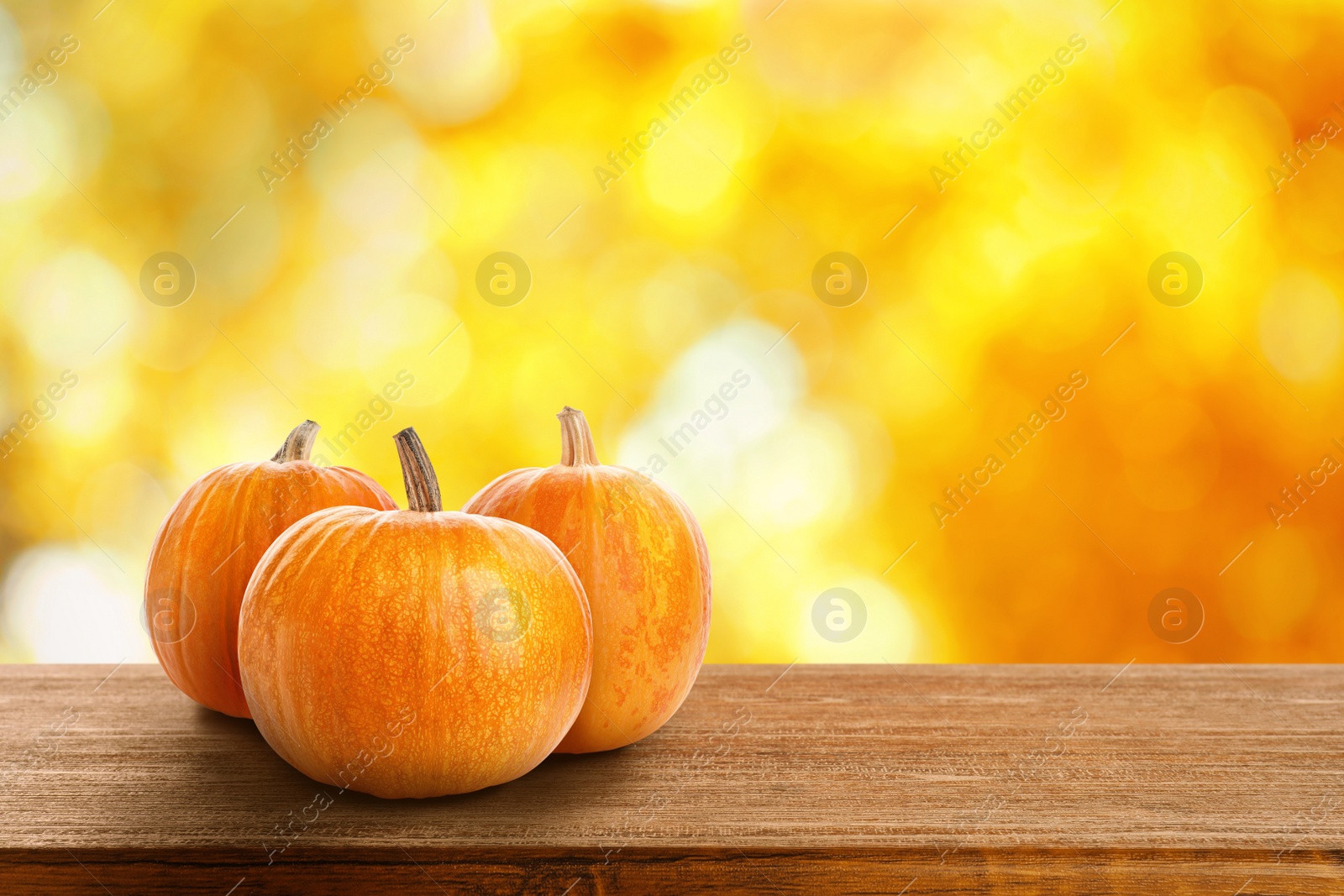 Image of Wooden table with fresh pumpkins outdoors on sunny autumn day. Space for text