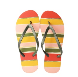 Photo of Stylish pair of flip flops on white background. Beach accessory