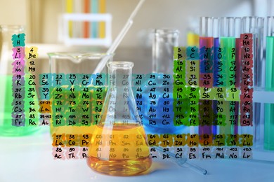 Image of Studying chemistry. Periodic table and laboratory glassware, double exposure
