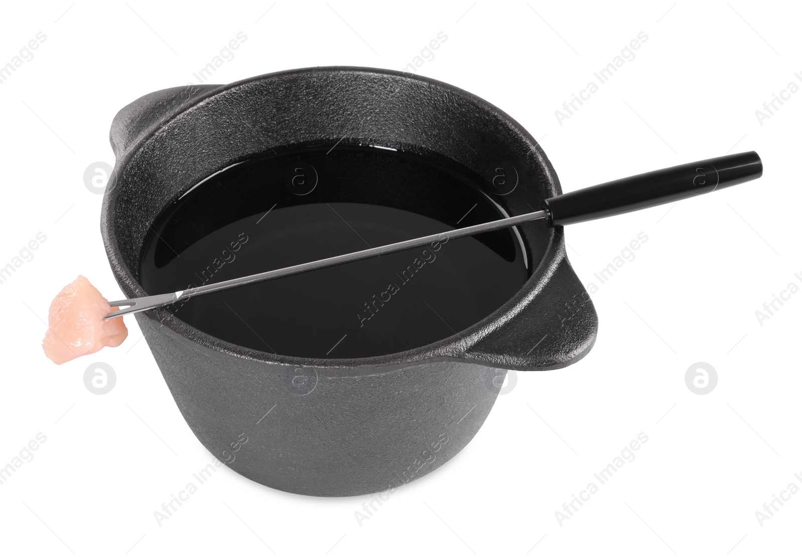 Photo of Fondue pot and fork with raw piece of meat isolated on white