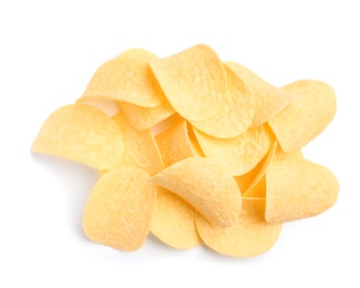 Tasty crispy potato chips on white background