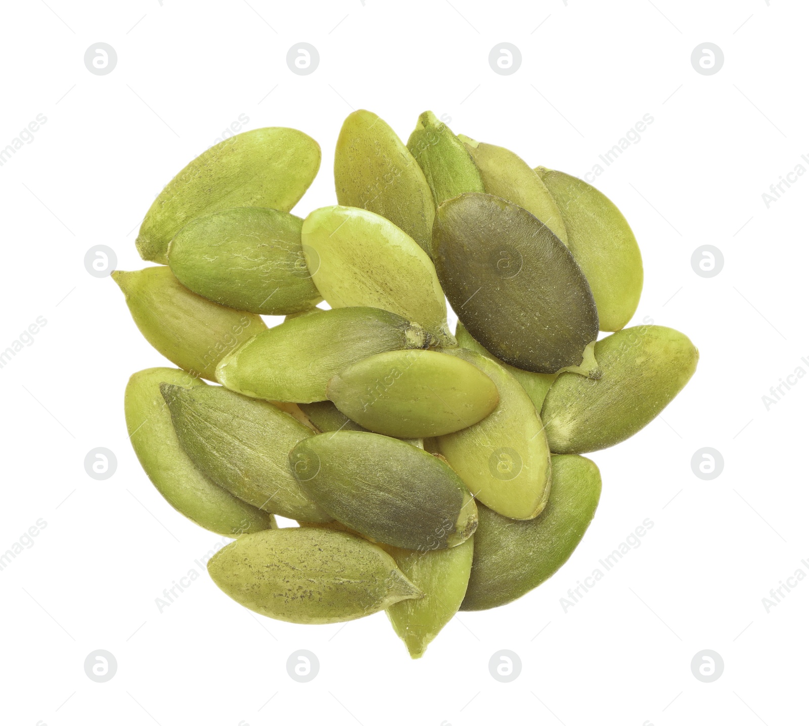 Photo of Heap of peeled pumpkin seeds isolated on white, top view
