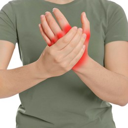 Woman suffering from rheumatism on white background, closeup