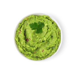 Photo of Bowl of delicious guacamole isolated on white, top view