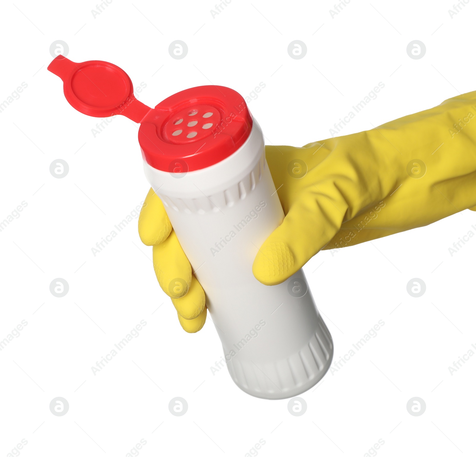 Photo of Woman holding bottle of toilet cleaning powder on white background, closeup