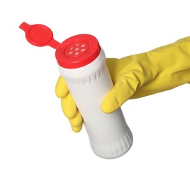 Photo of Woman holding bottle of toilet cleaning powder on white background, closeup