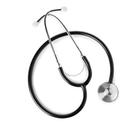 Photo of Stethoscope on white background, top view. Medical device