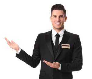 Photo of Portrait of happy receptionist in uniform on white background