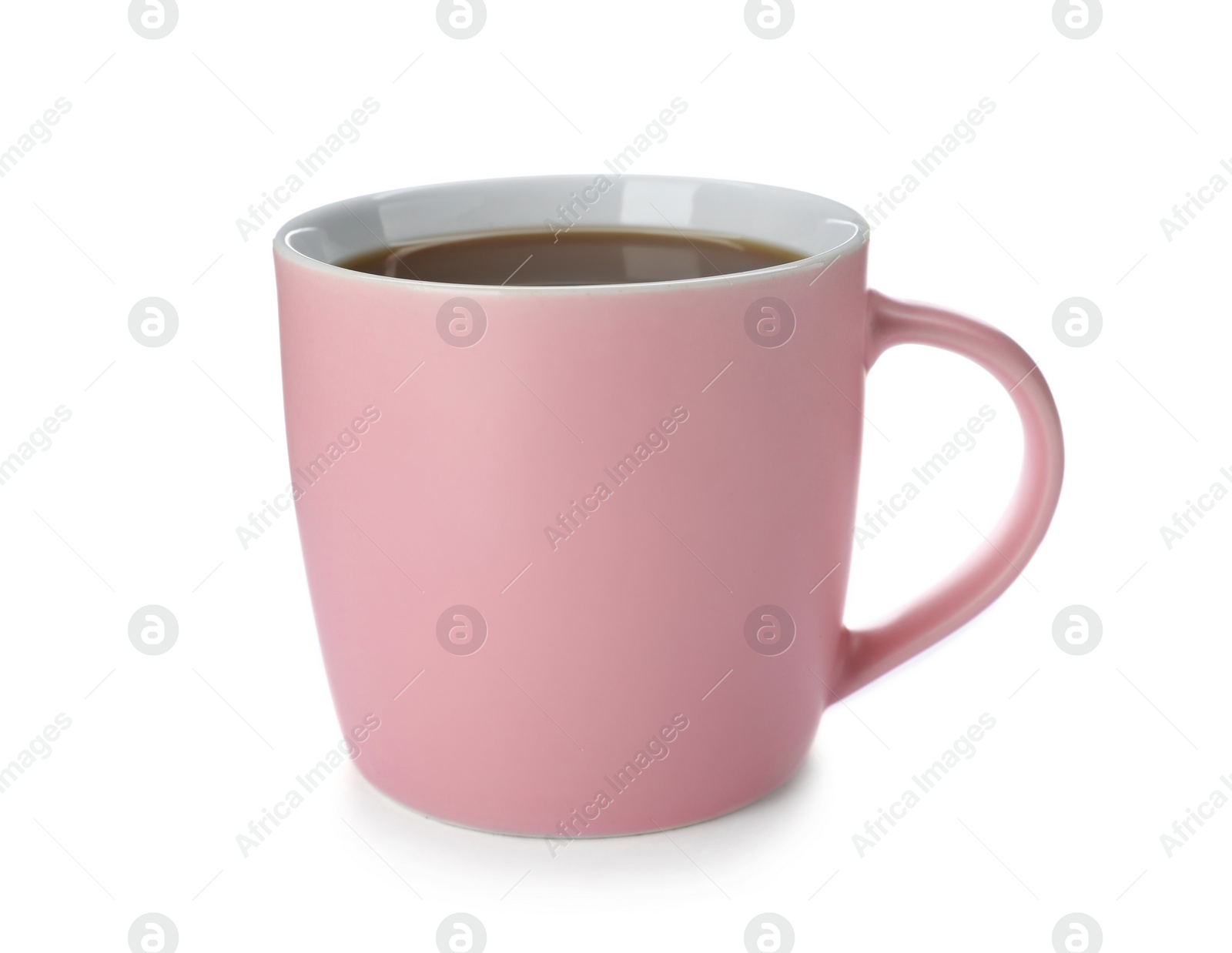 Photo of Pink ceramic cup with hot aromatic coffee on white background