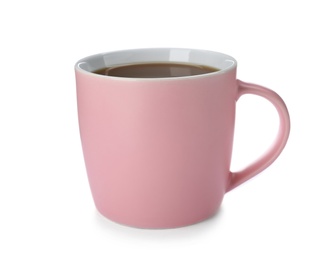 Photo of Pink ceramic cup with hot aromatic coffee on white background