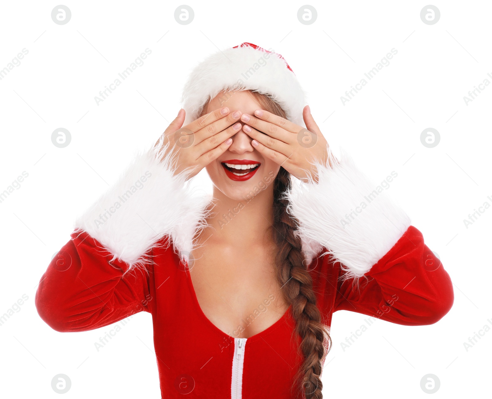 Photo of Beautiful Santa girl on white background. Christmas eve