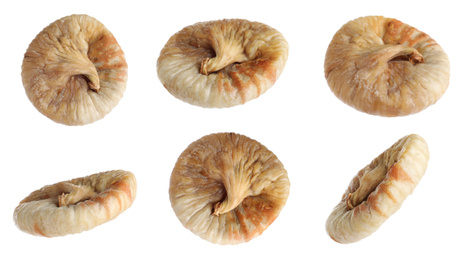 Image of Dried fig fruits falling on white background. Banner design