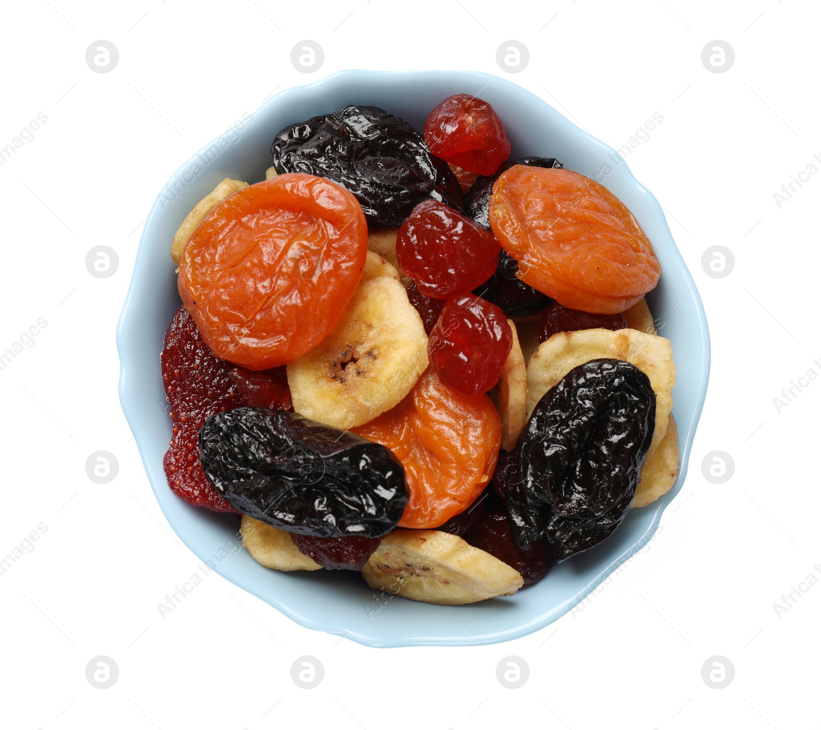 Photo of Mix of delicious dried fruits isolated on white, top view