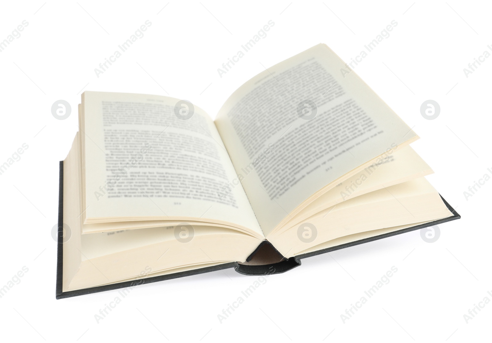 Photo of Open black hardcover book isolated on white