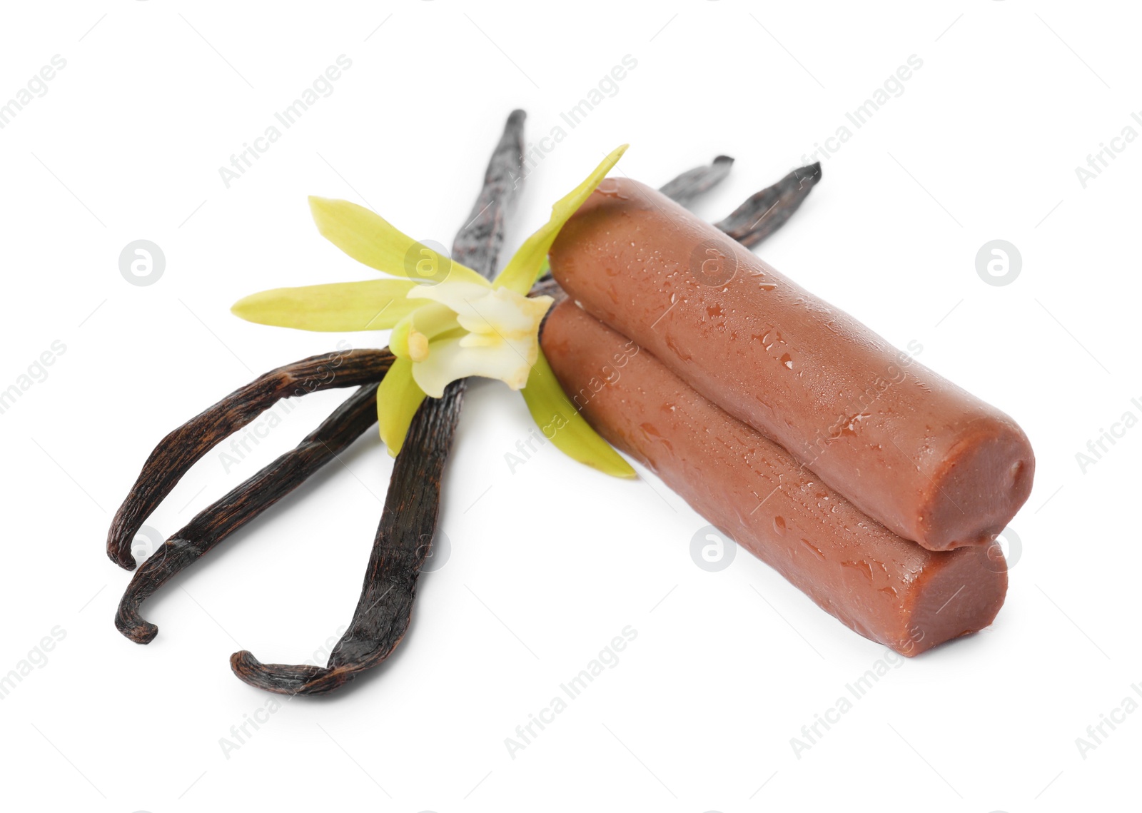 Photo of Glazed curd cheese bars, vanilla pods and flower isolated on white