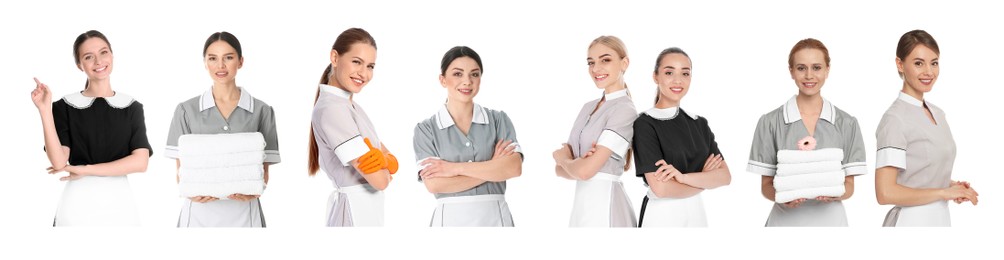 Collage with portraits of chambermaids on white background. Banner design