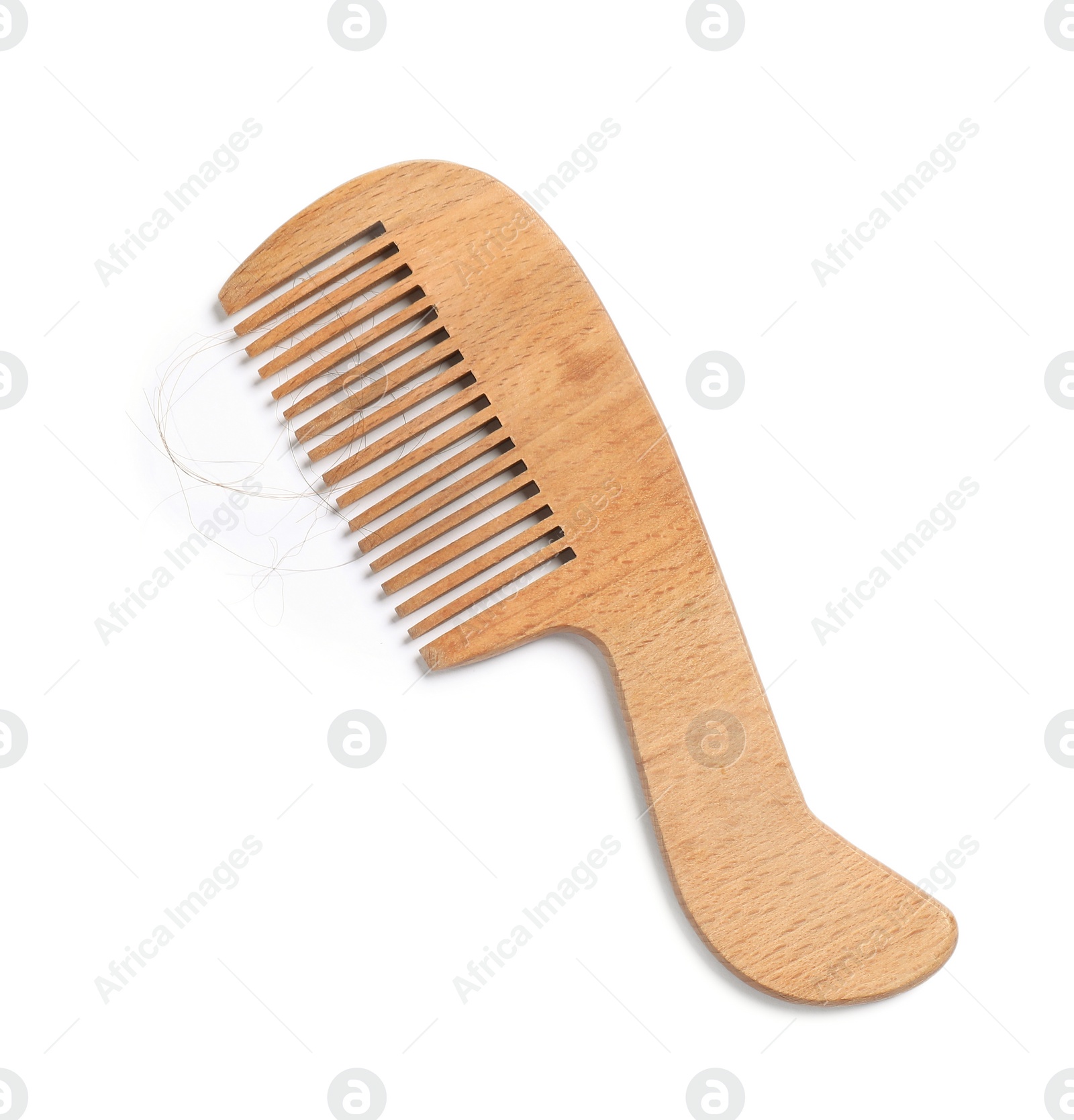 Photo of Wooden comb with lost hair isolated on white, top view