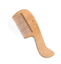 Photo of Wooden comb with lost hair isolated on white, top view