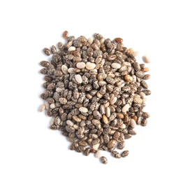 Photo of Pile of chia seeds isolated on white, top view