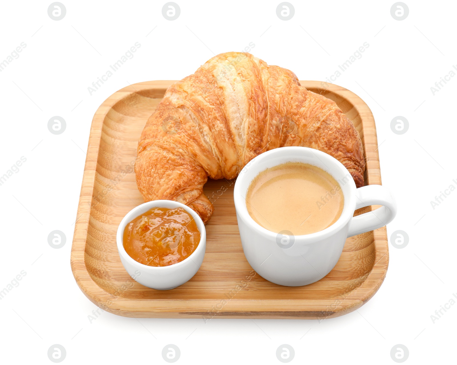 Photo of Fresh croissant, jam and coffee isolated on white. Tasty breakfast