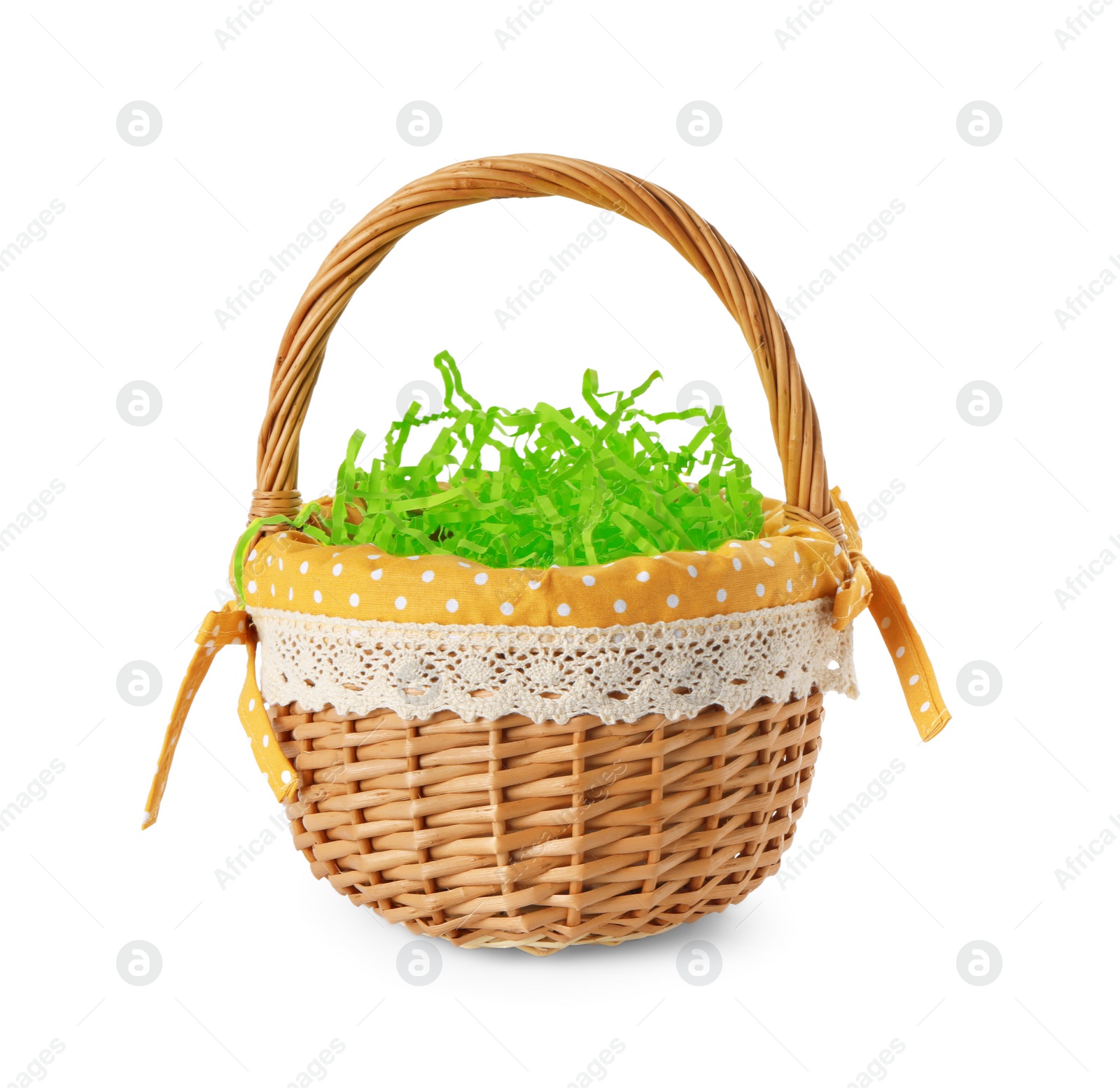 Photo of Easter wicker basket with decorated grass isolated on white