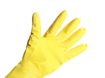 Photo of Person in rubber glove on white background, closeup of hand