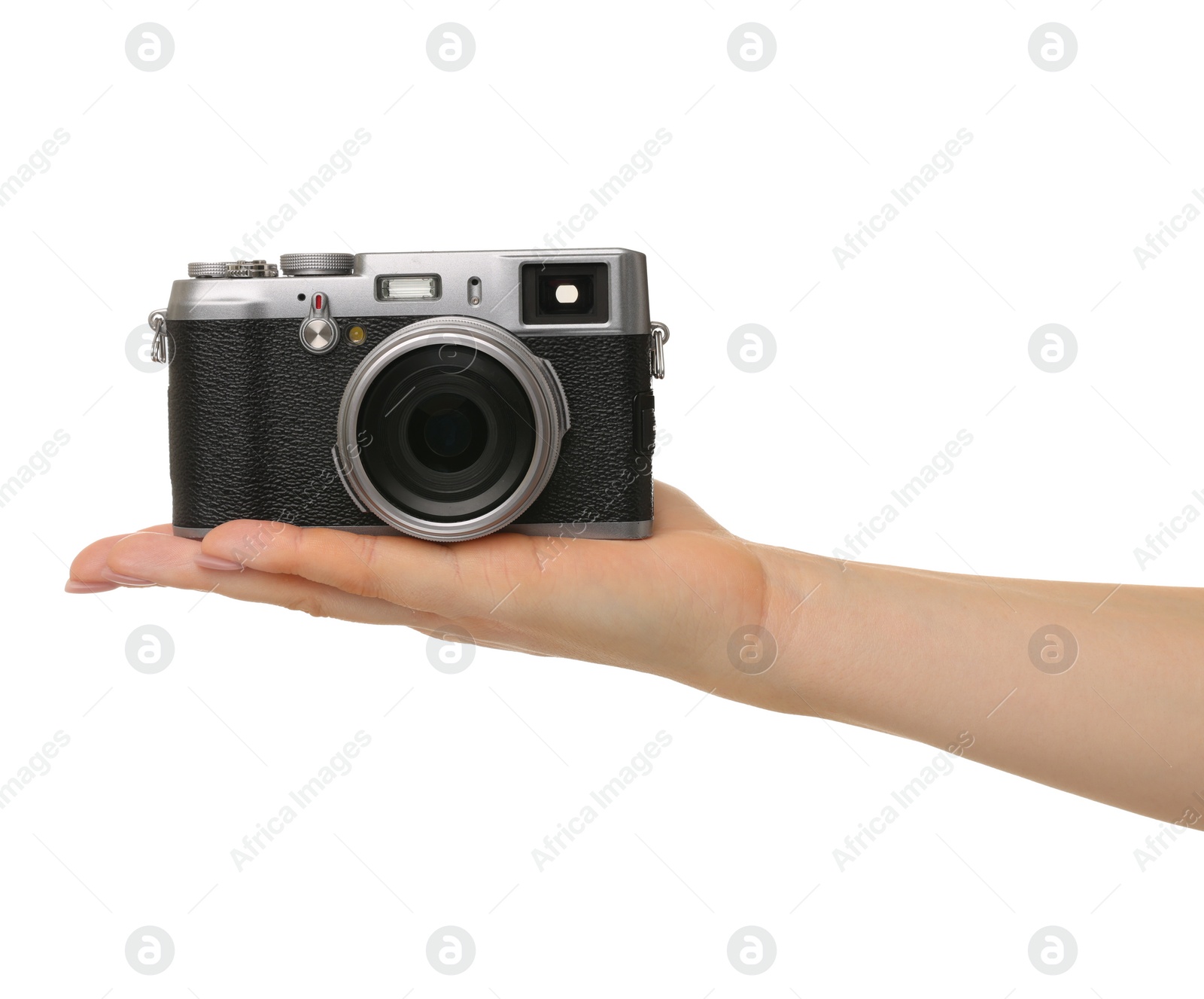 Photo of Photographer with camera on white background, closeup