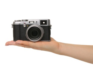 Photo of Photographer with camera on white background, closeup