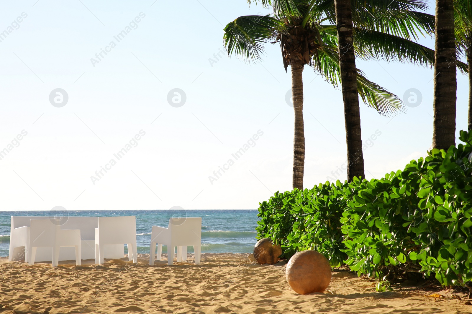 Photo of Picturesque view of sandy beach, furniture and palm trees near sea on sunny day