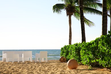 Picturesque view of sandy beach, furniture and palm trees near sea on sunny day