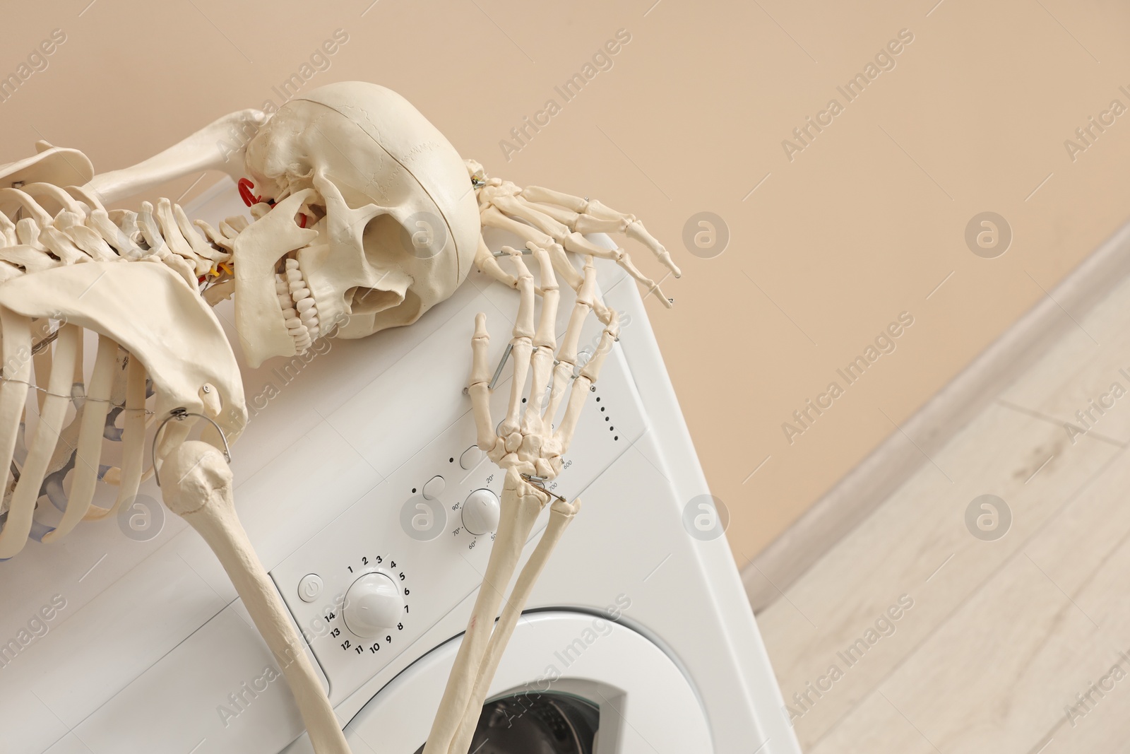 Photo of Waiting concept. Human skeleton lying on washing machine near beige wall indoors, space for text