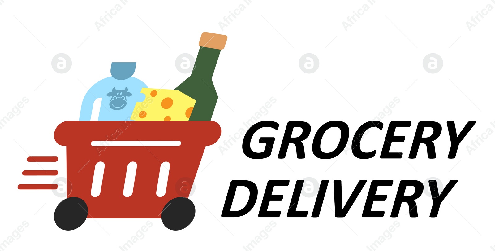 Illustration of Shopping basket full of products on wheels, order hurrying to client. Illustration near text Grocery Delivery on white background, banner design. Food delivery service