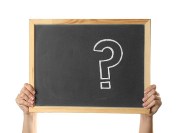 Photo of Woman holding blackboard with question mark on white background, closeup