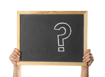 Woman holding blackboard with question mark on white background, closeup