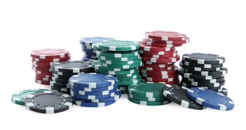 Photo of Casino chips on white background. Poker game